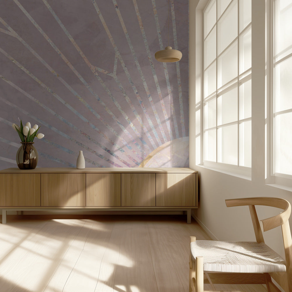 Gold geometric sun rays mural pink | Wallpaper
