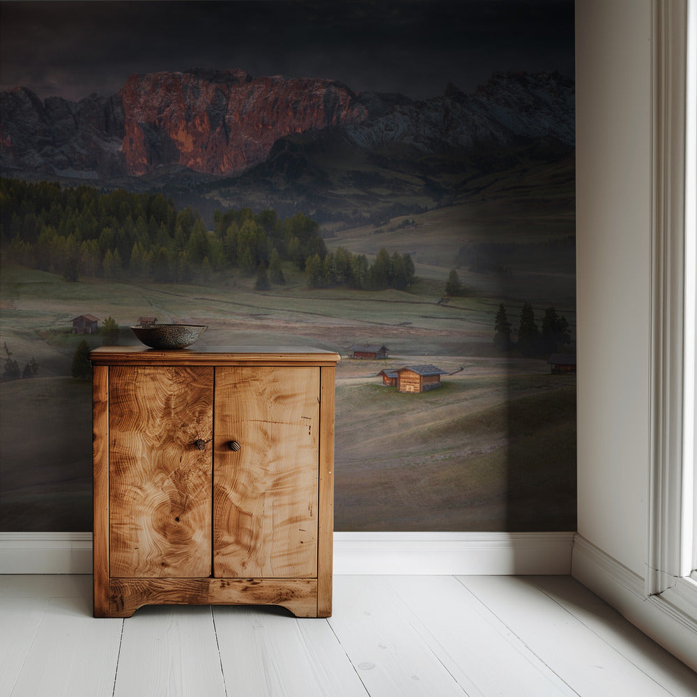 Burning mountains over the frozen valley | Wallpaper