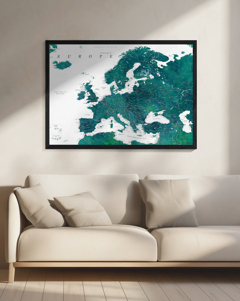 Teal detailed map of Europe | Canvas