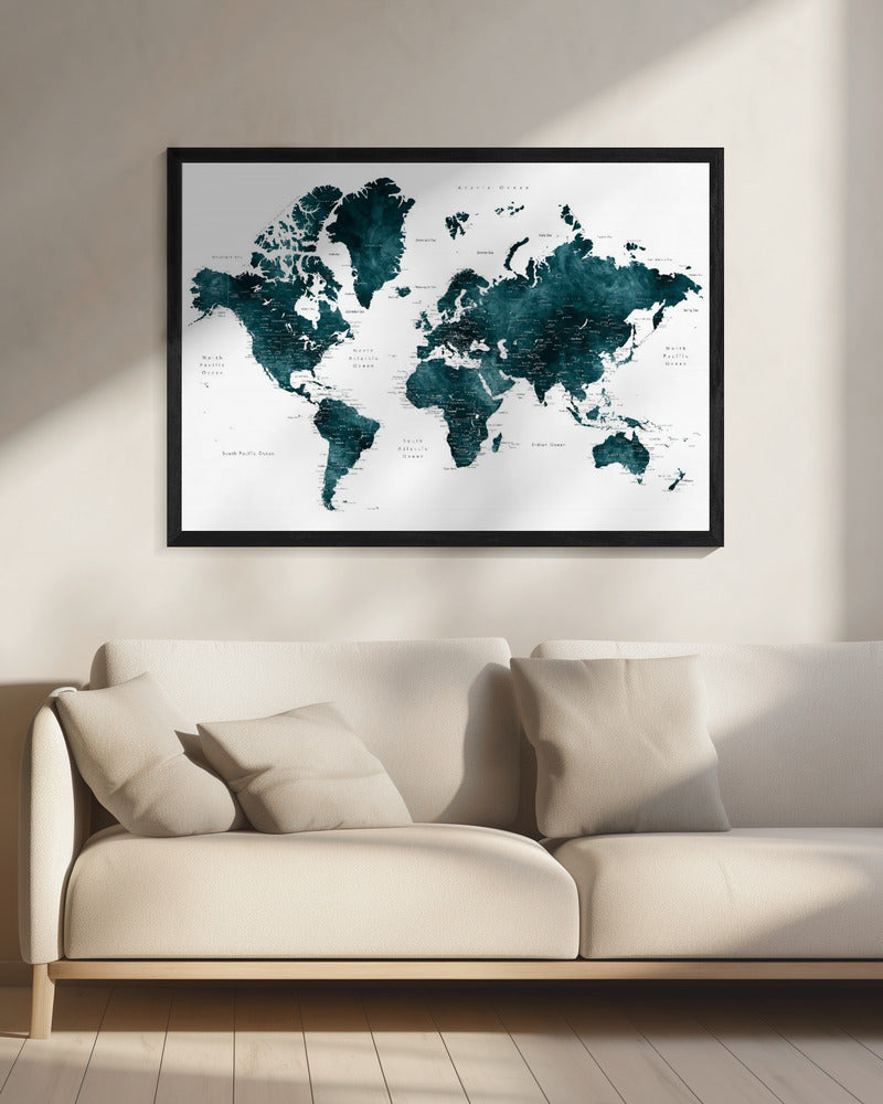 Dark teal world map with cities, Makani | Canvas
