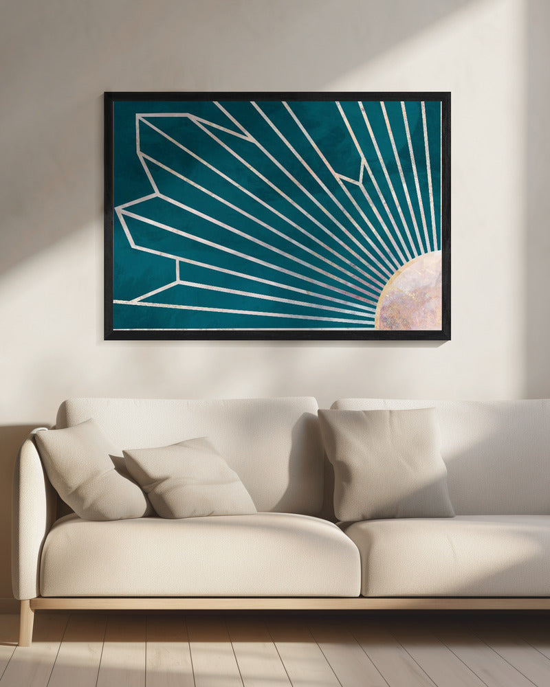 Gold geometric sun rays mural turquoise | Canvas