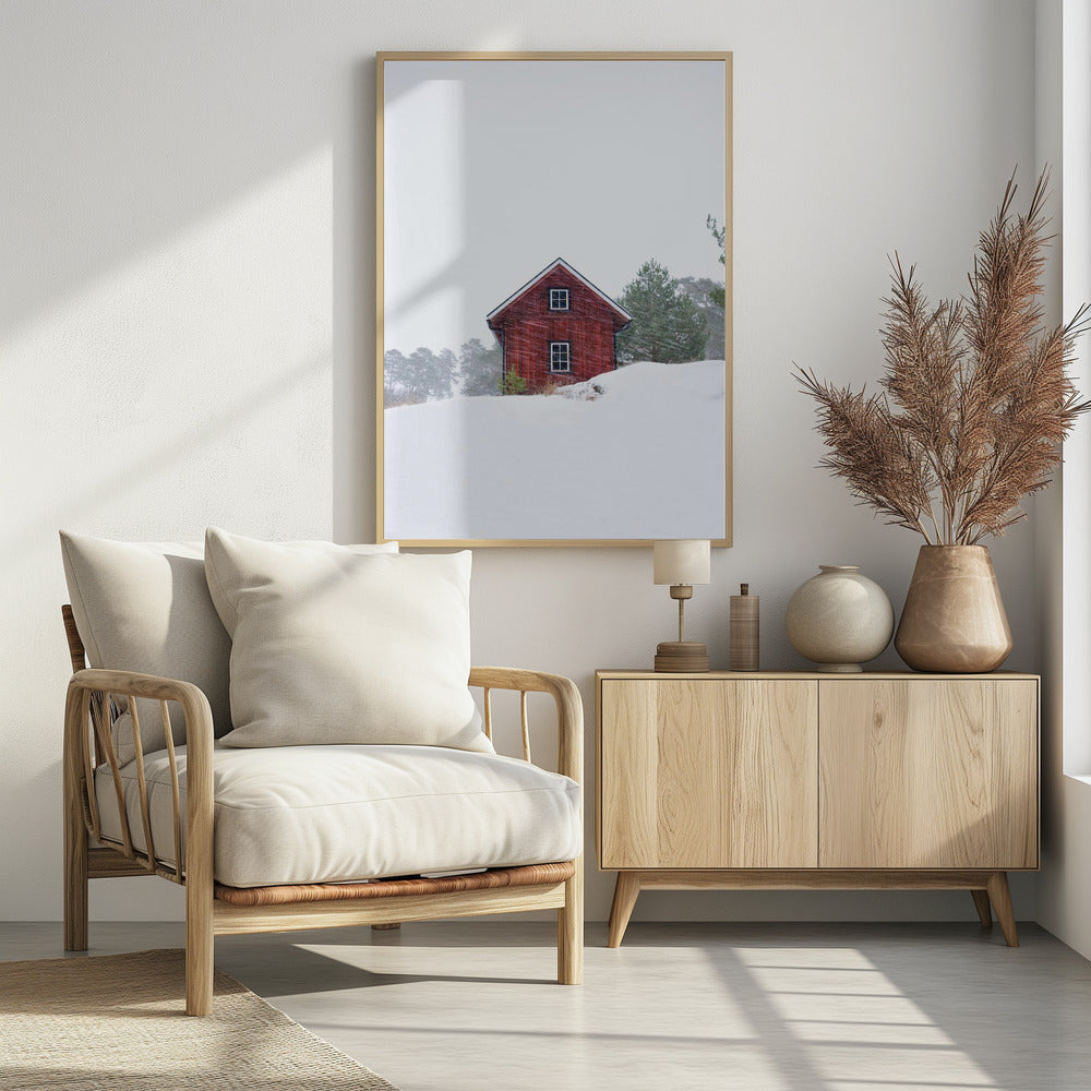 Old red house during snowstorm | Poster