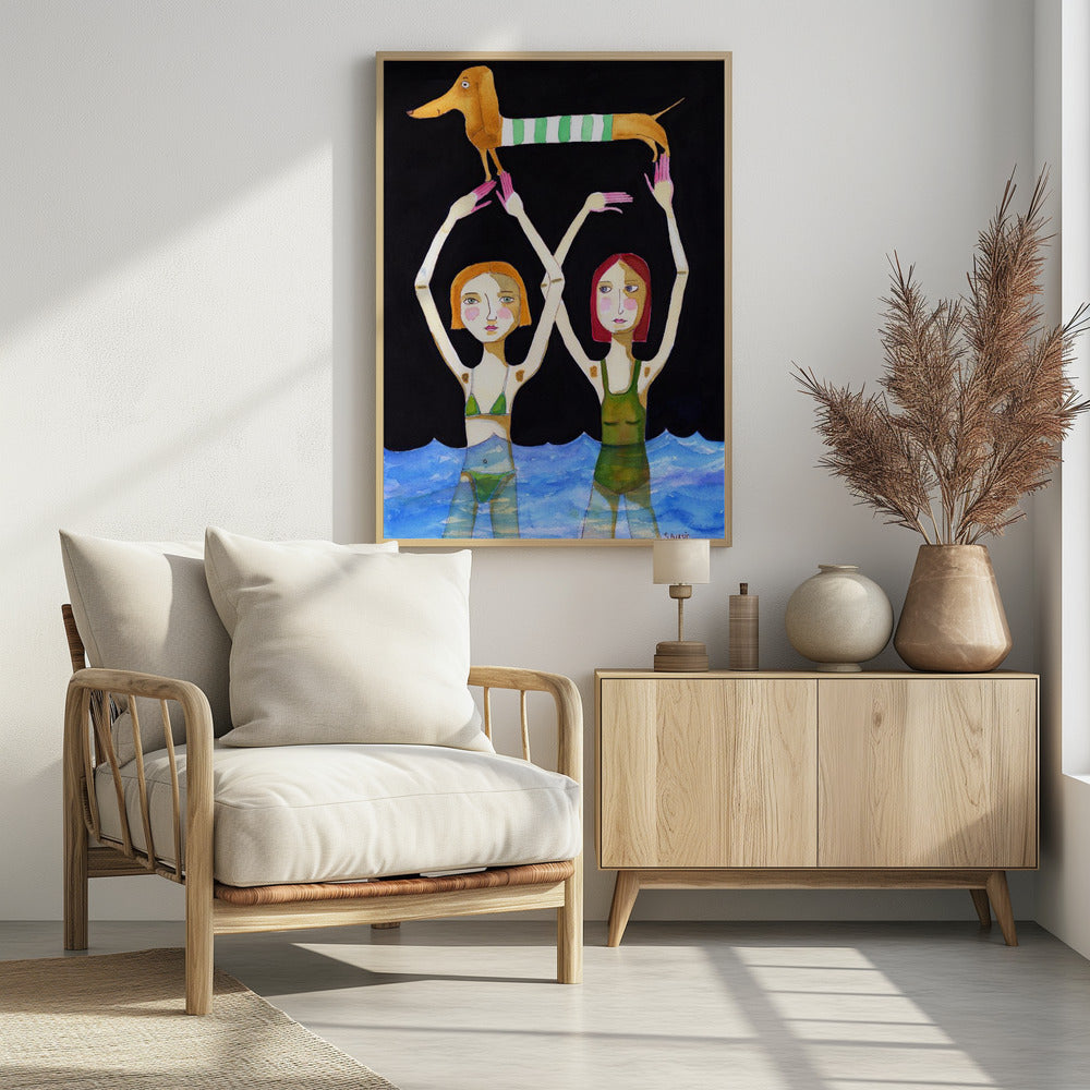 Swimming Girls with Sausage Dog | Poster