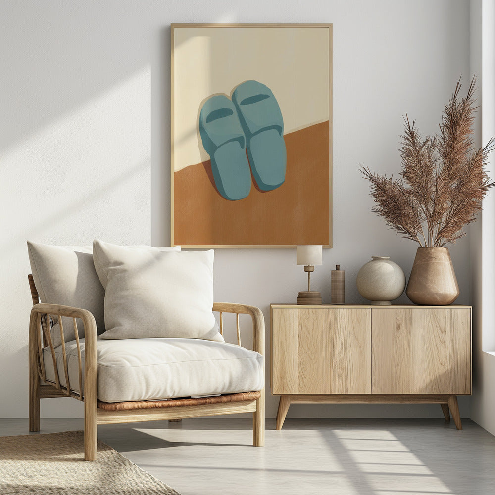 Blue Slippers On A Brown And Beige Background | Poster
