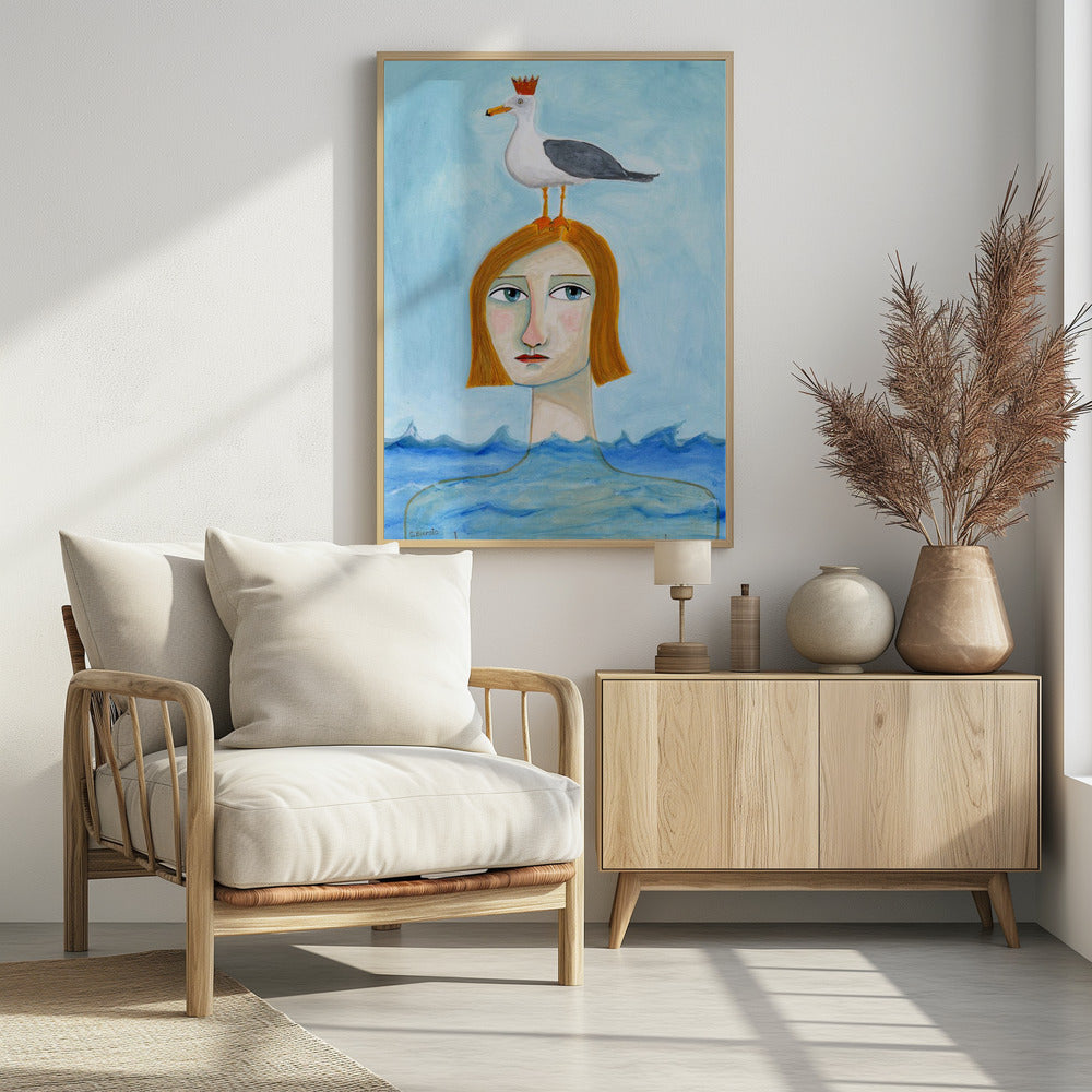 Nude Lady in Ocean with Seagull | Poster