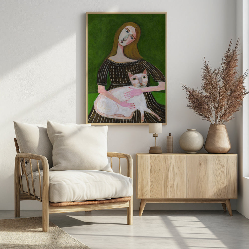 vintage lady with white cat | Poster