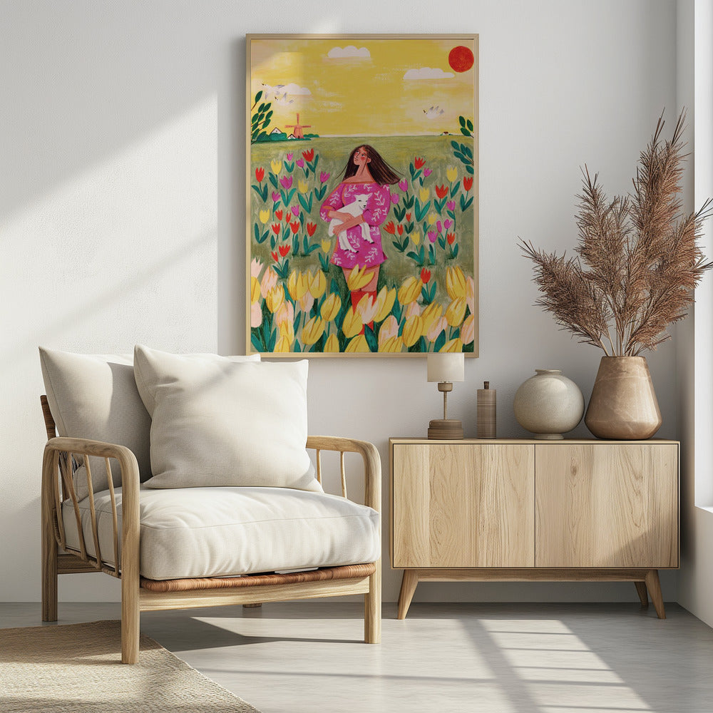 Woman in spring tulip field | Poster