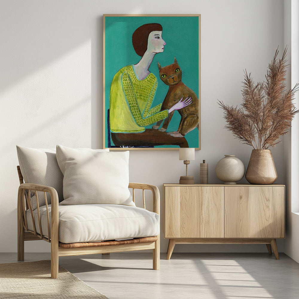 Lady Sitting with Brown Cat Cat Lover | Poster