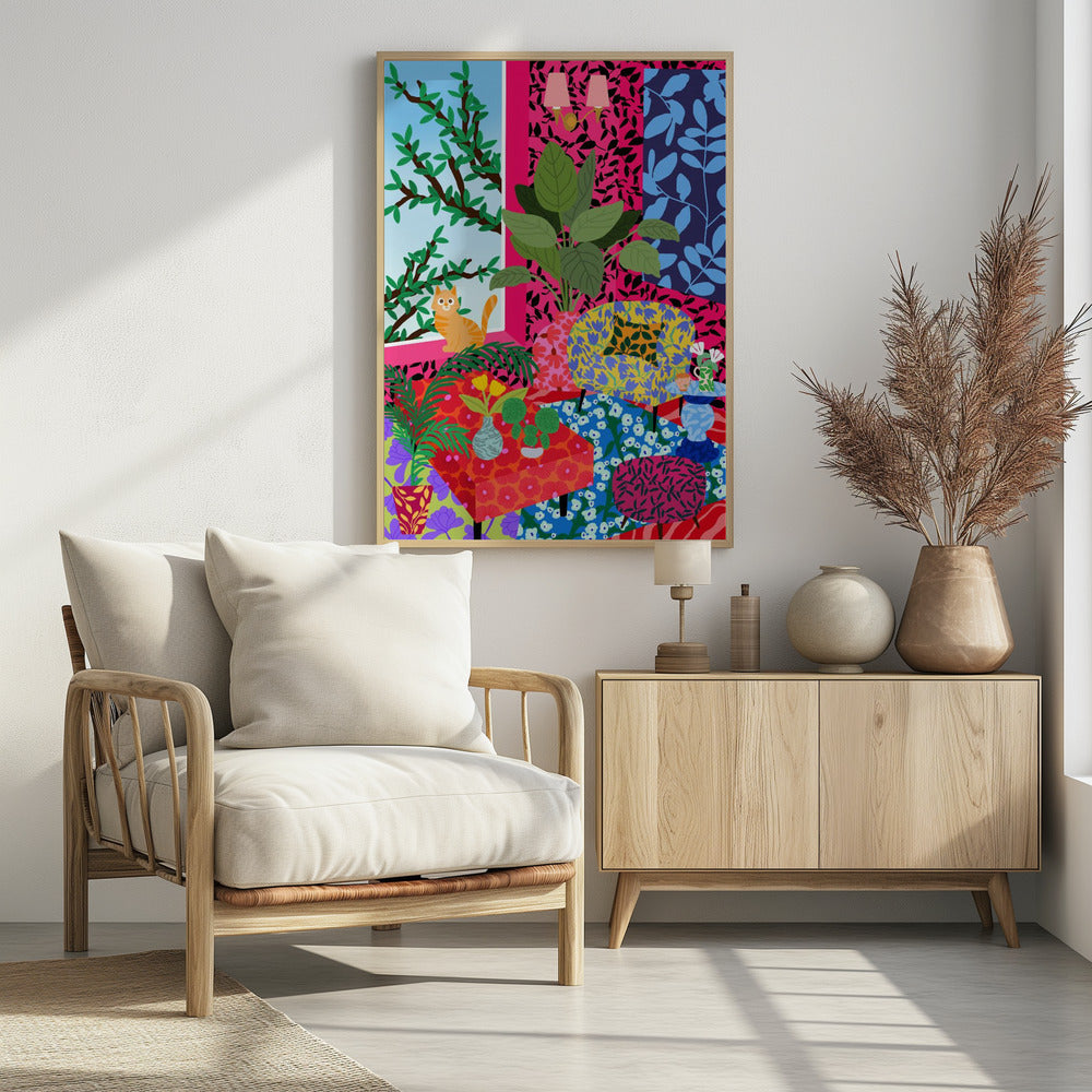 Cat in Flower Power Livingroom | Poster