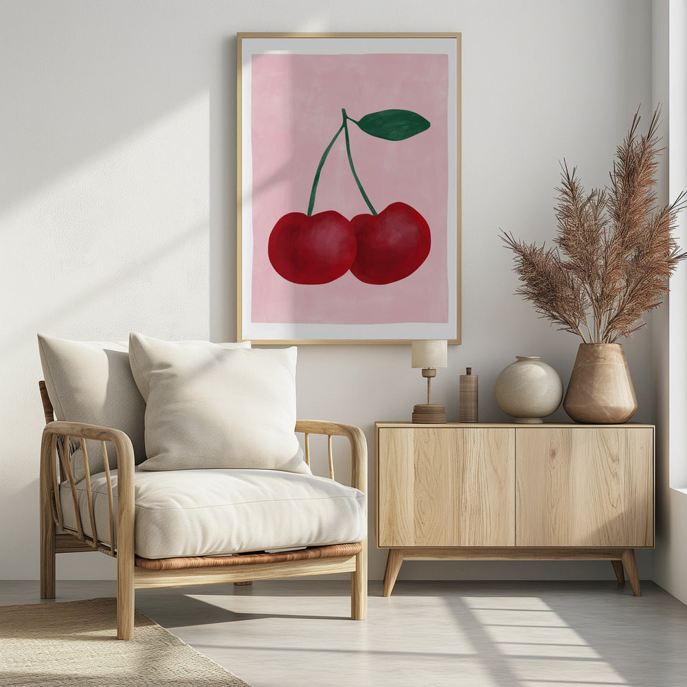 Red Cherries with a Green Leaf | Poster
