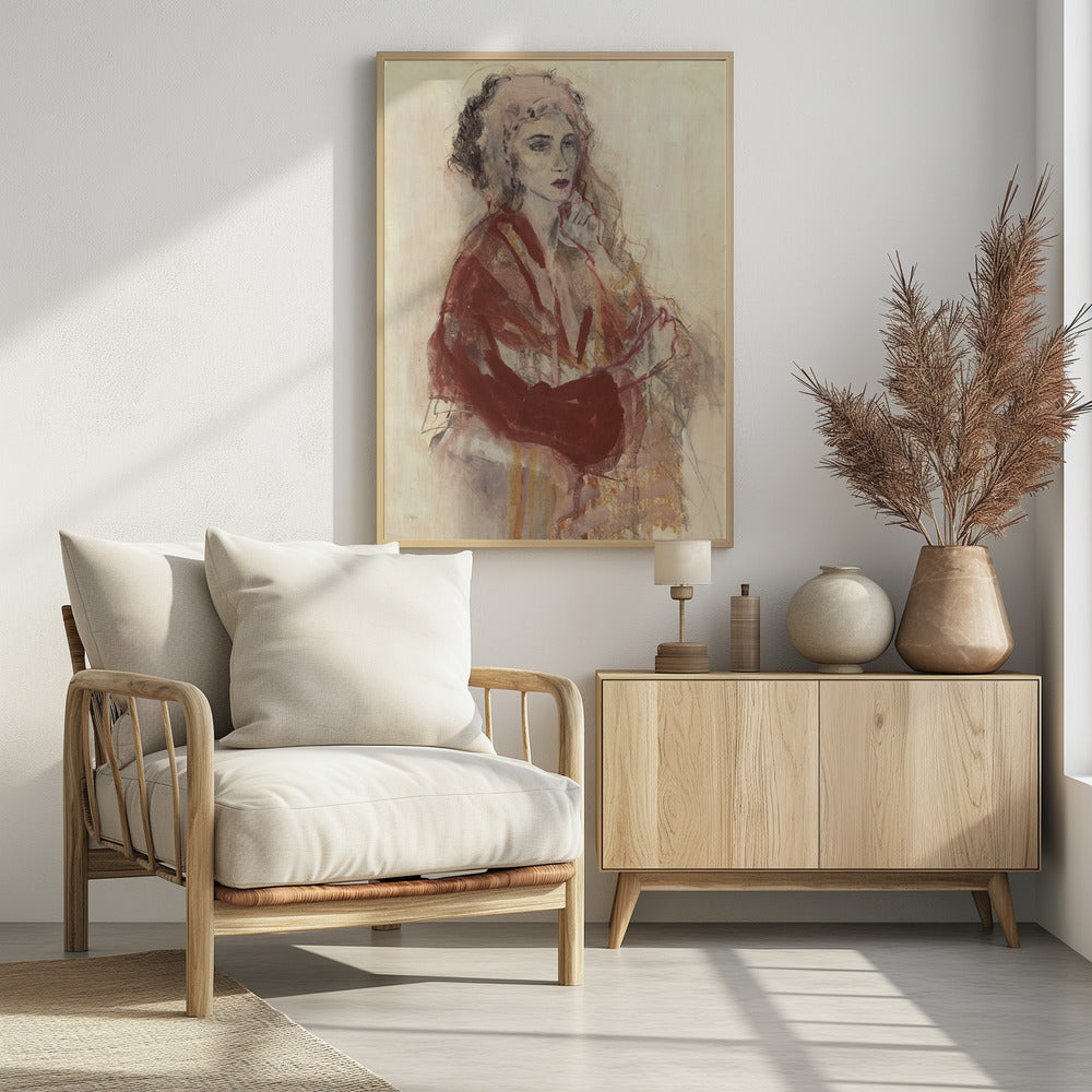 Contemplative Woman In Warm Red Tones | Poster