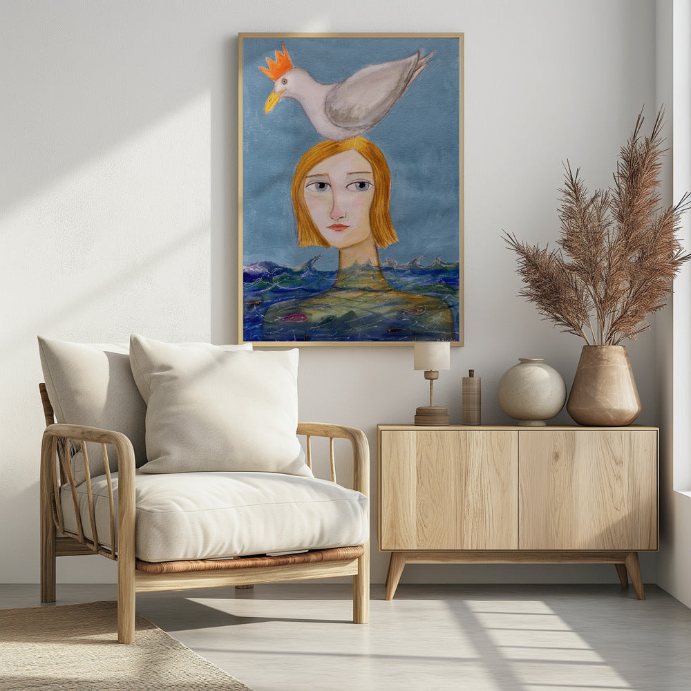 Lady swimmer with seagull | Poster