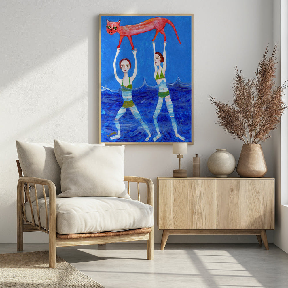 Two swimmers with pink cat | Poster