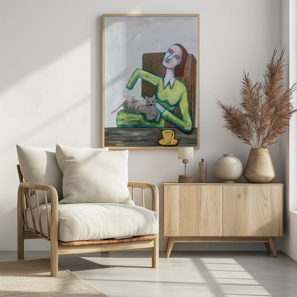 Lady tickling grey cat in chair | Poster