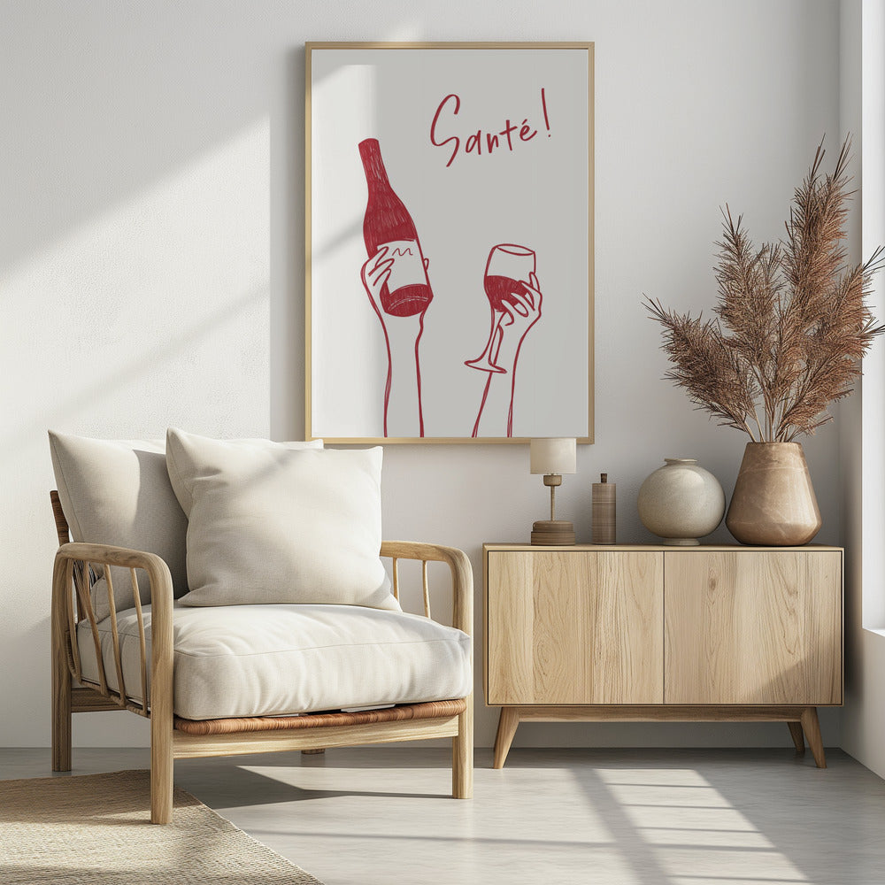 Hands holding a wine bottle and a wine glass with the text &quot;Cheers!&quot; in French | Poster