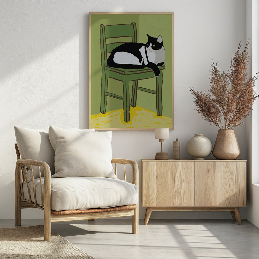 Tuxedo cat sitting on chair | Poster