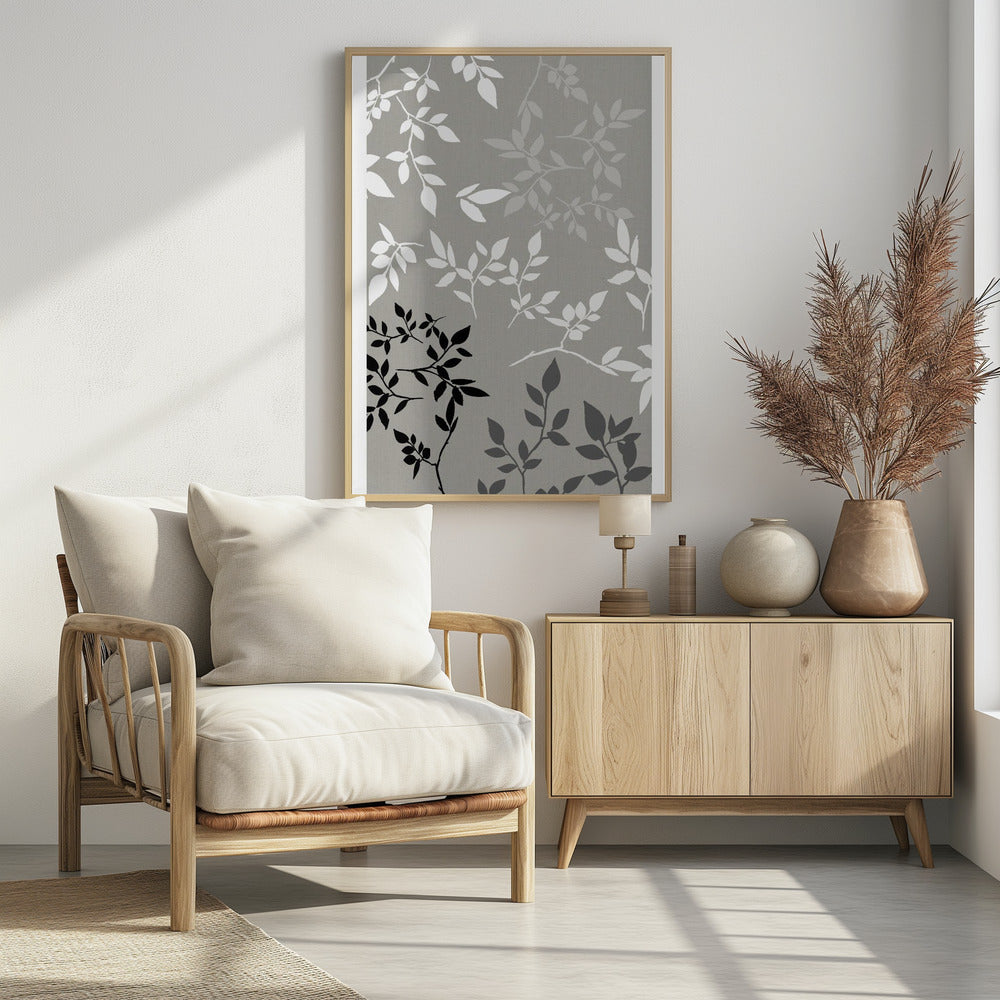White Grey Black Leaves On Linen 1 | Poster