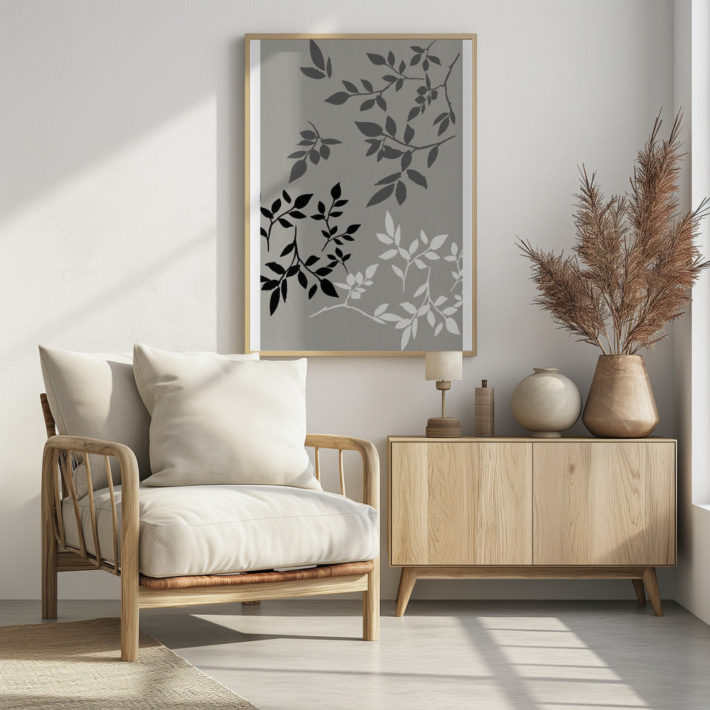 White Grey Black Leaves On Linen 2 | Poster