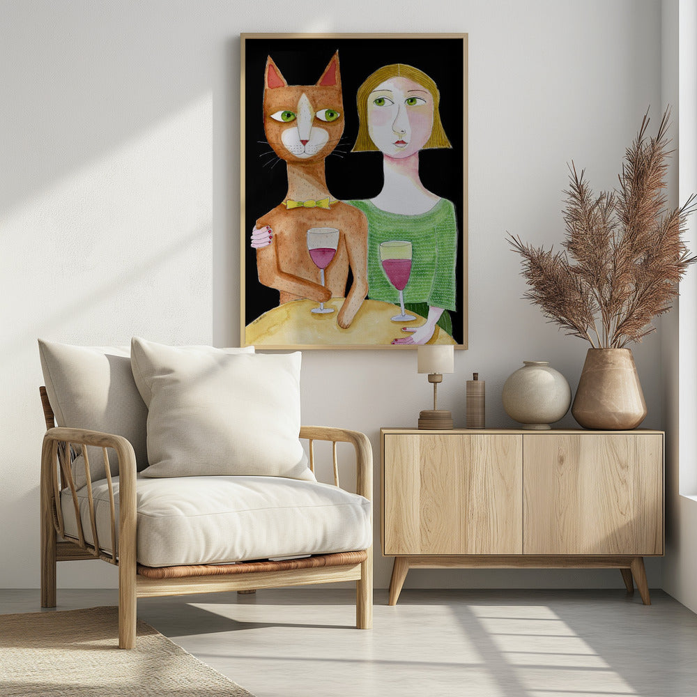 Best Friends Cat and Lady drinking wine | Poster