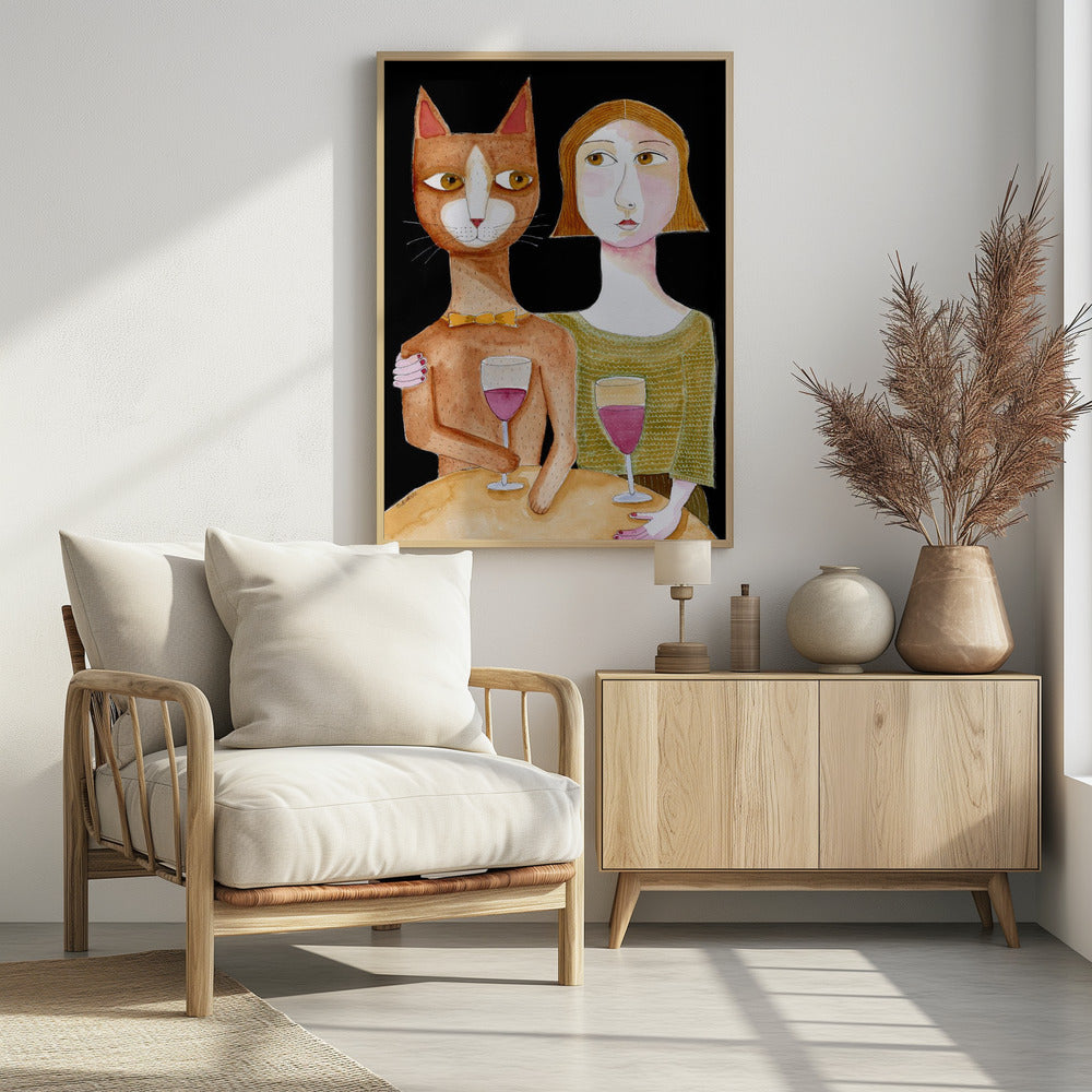 Best Friends Cat and Lady drinking wine | Poster