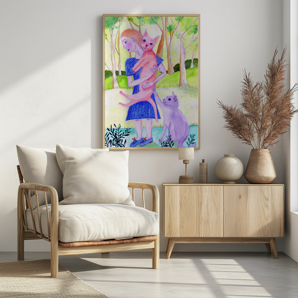 Lady with the pink and blue cat. | Poster