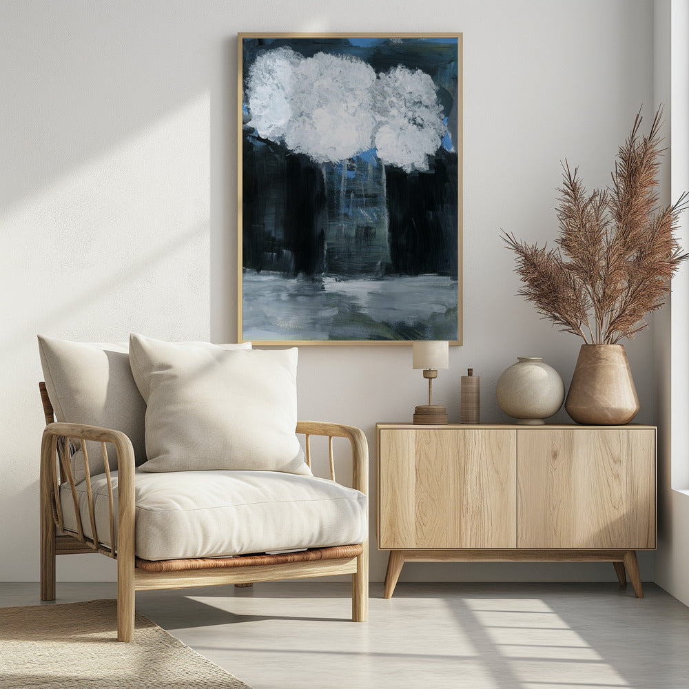 White Snowball Viburnum In Vase On Black Background | Poster