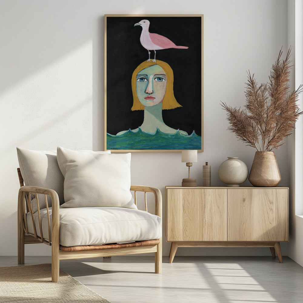 Swimming Girl with Pink Seagull | Poster