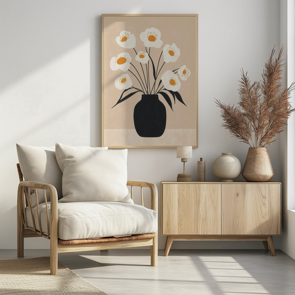 White Flowers in Black Vase | Poster