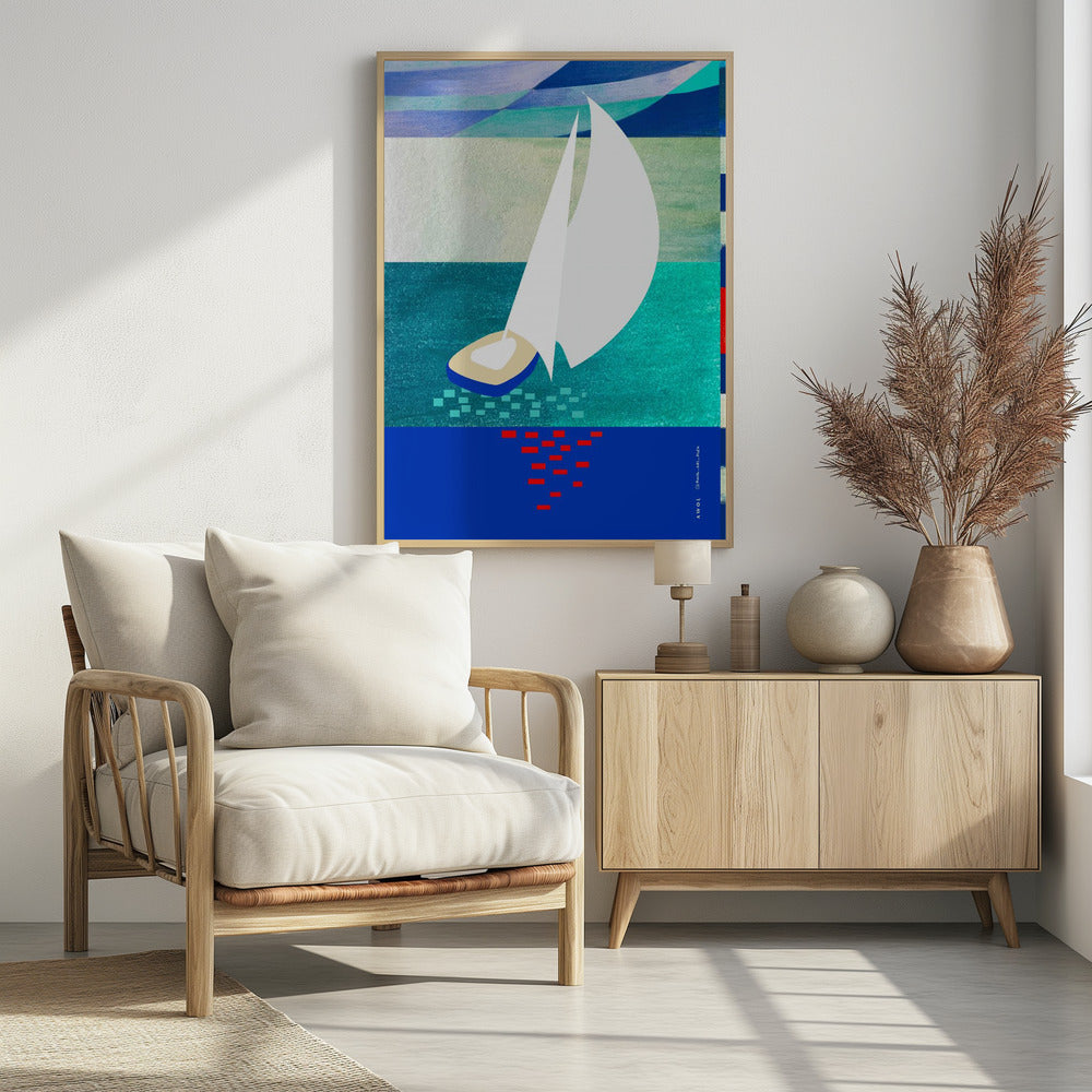 White Sailboat With Reflections, Abstract Sea Art With Graphic Stripes | Poster