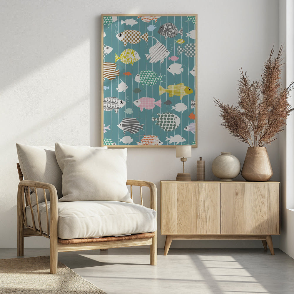 Fresh fish on teal pattern | Poster