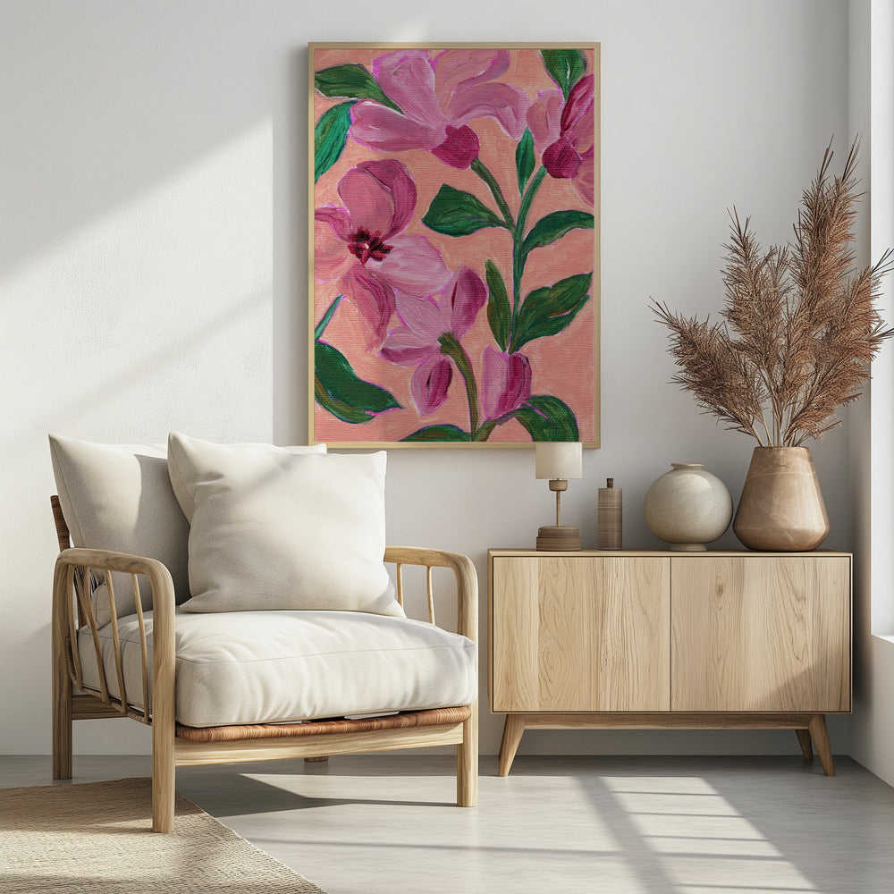 Pink Flowers With Bold Green Leaves | Poster