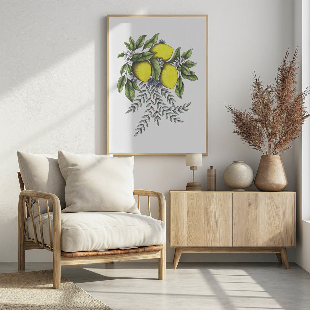 Lemons and Green leaves with Delicate White Blossoms | Poster