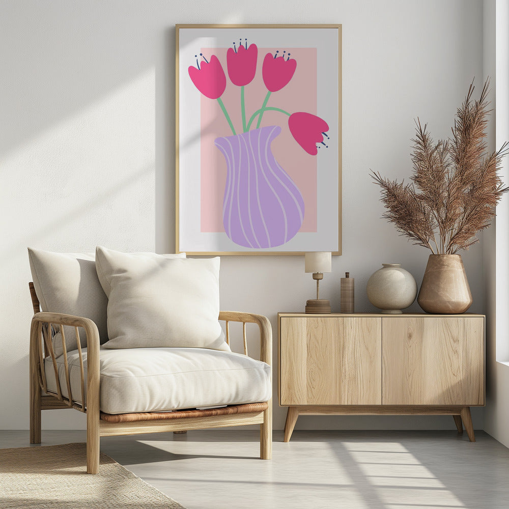 Vibrant Tulips in a Striped Lavender Vase | Poster