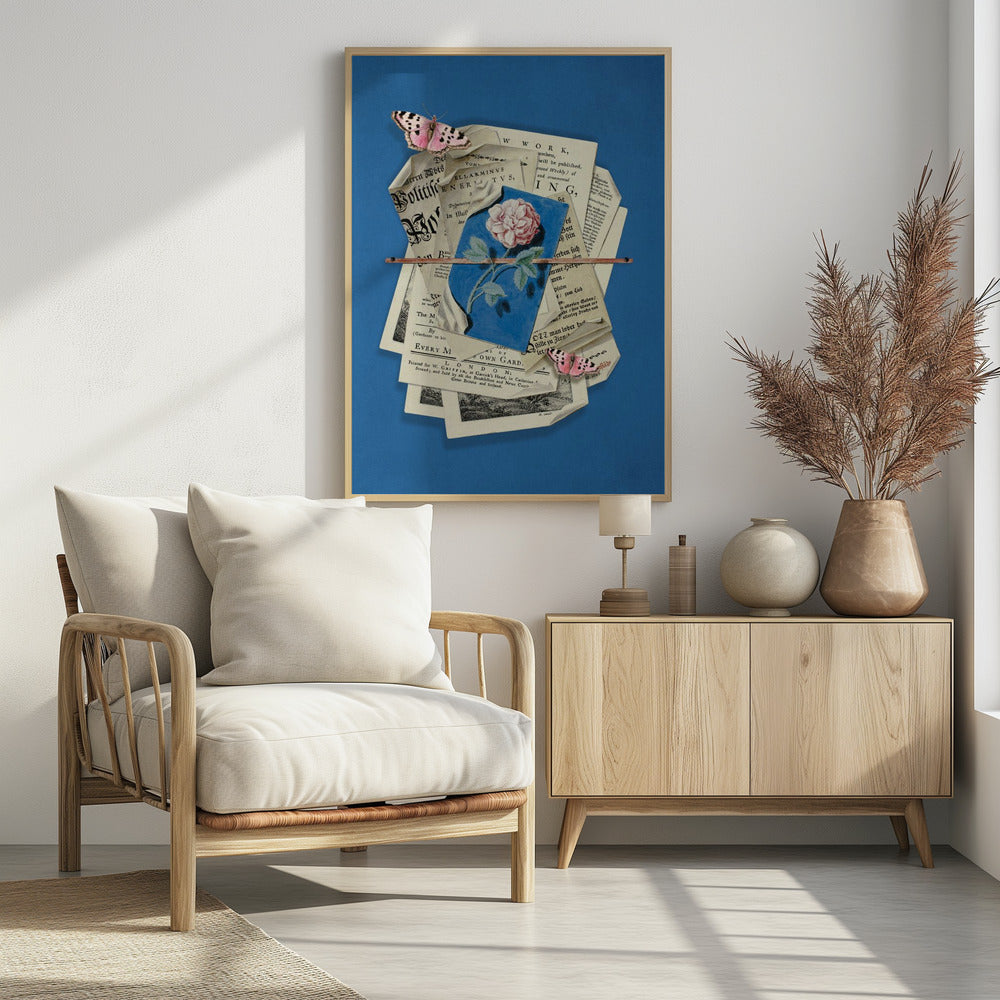 Pink Rose Surrounded By Vintage Paper | Poster