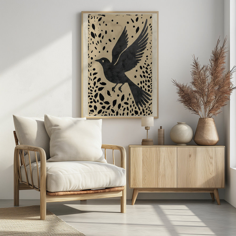 Bird In Flight Surrounded By Scattered Leaves | Poster