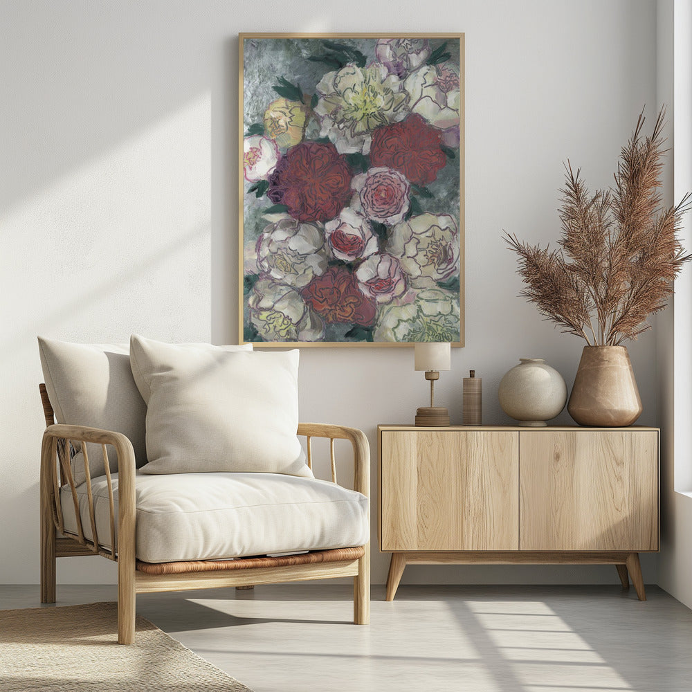 Vibrant Red And White Peonies | Poster