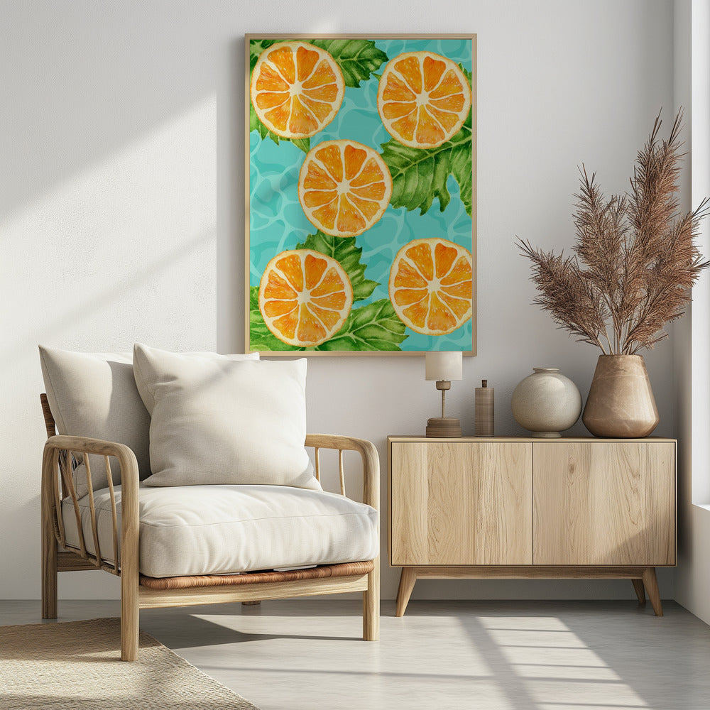 Vibrant Aesthetic Pattern of Orange Slices and Leaves - Refreshing Summer Watercolor | Poster