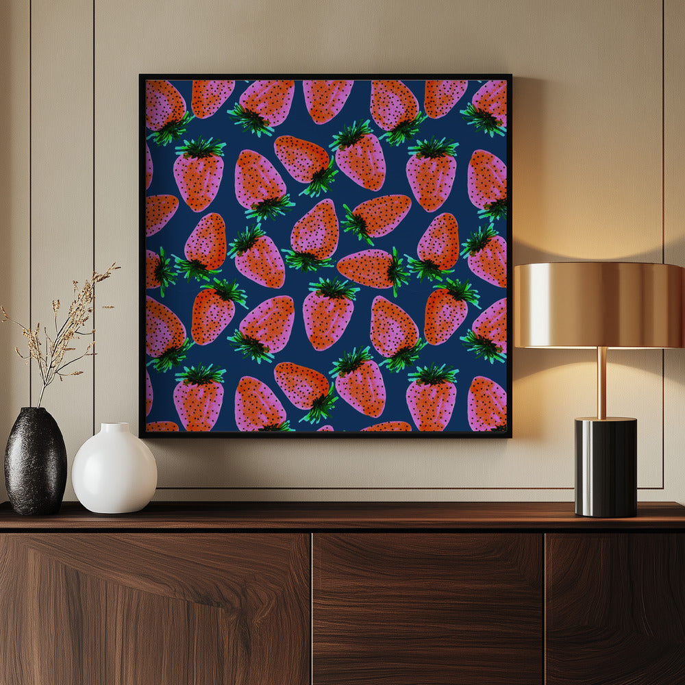 Red Lavender On Navy Strawberries Fruit | Poster