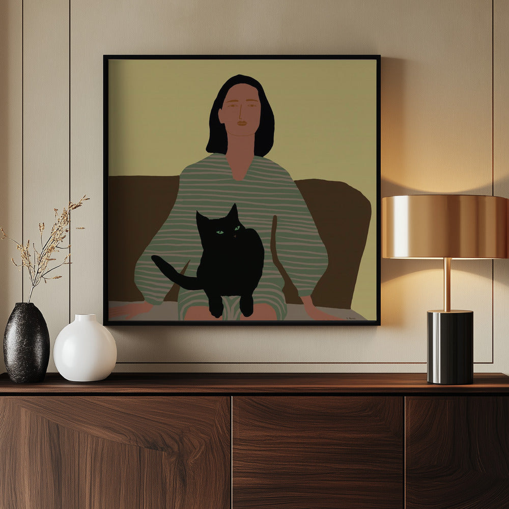 Lady sitting with black cat. | Poster