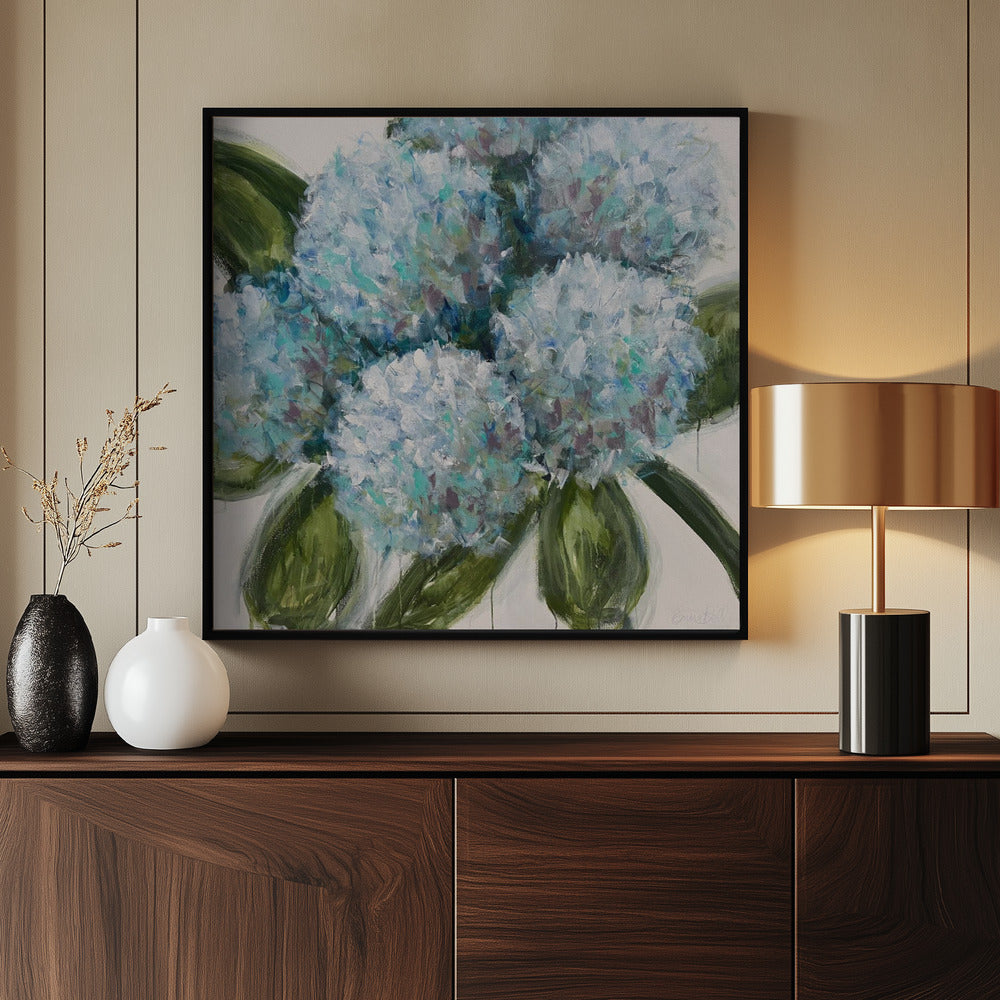 Blue Hydrangeas with Green Leaves | Poster