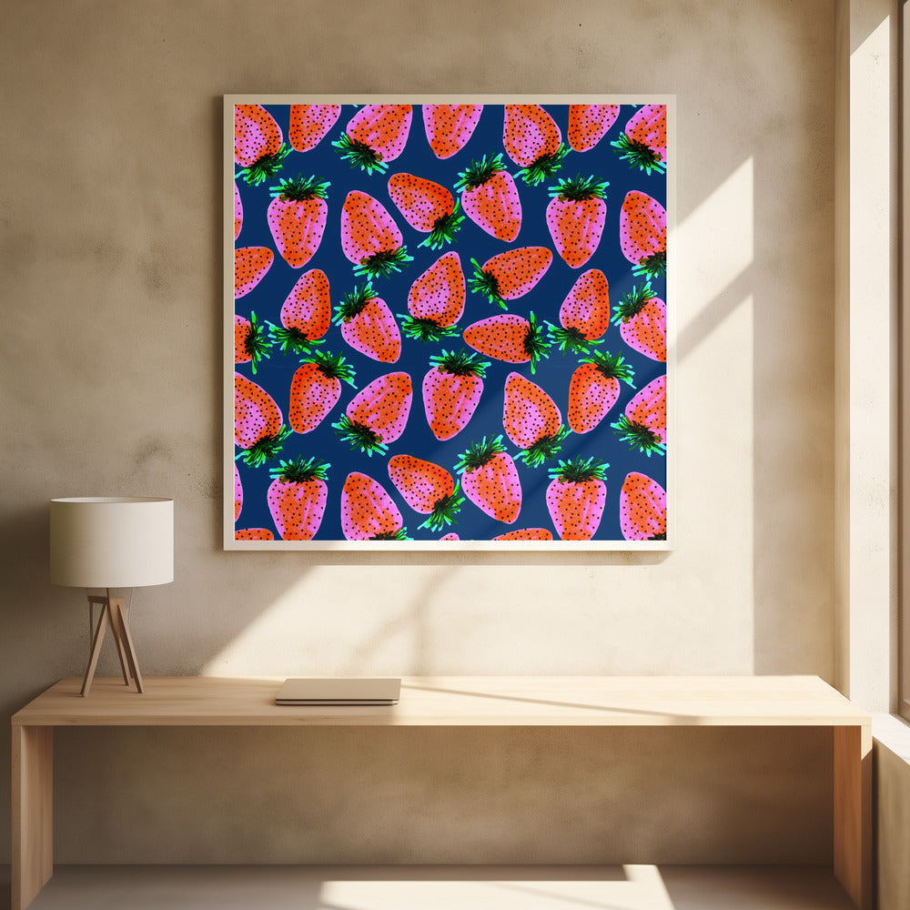 Red Lavender On Navy Strawberries Fruit | Poster