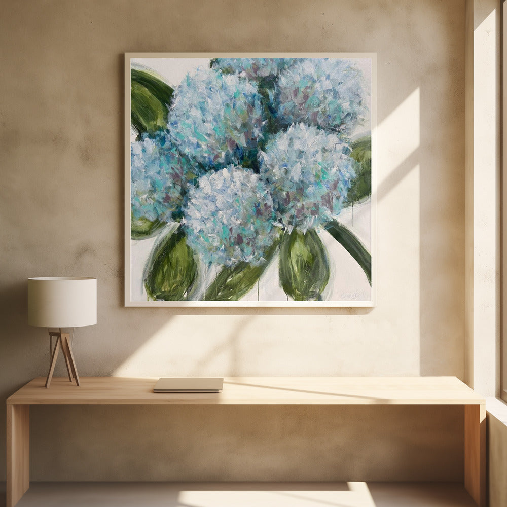 Blue Hydrangeas with Green Leaves | Poster