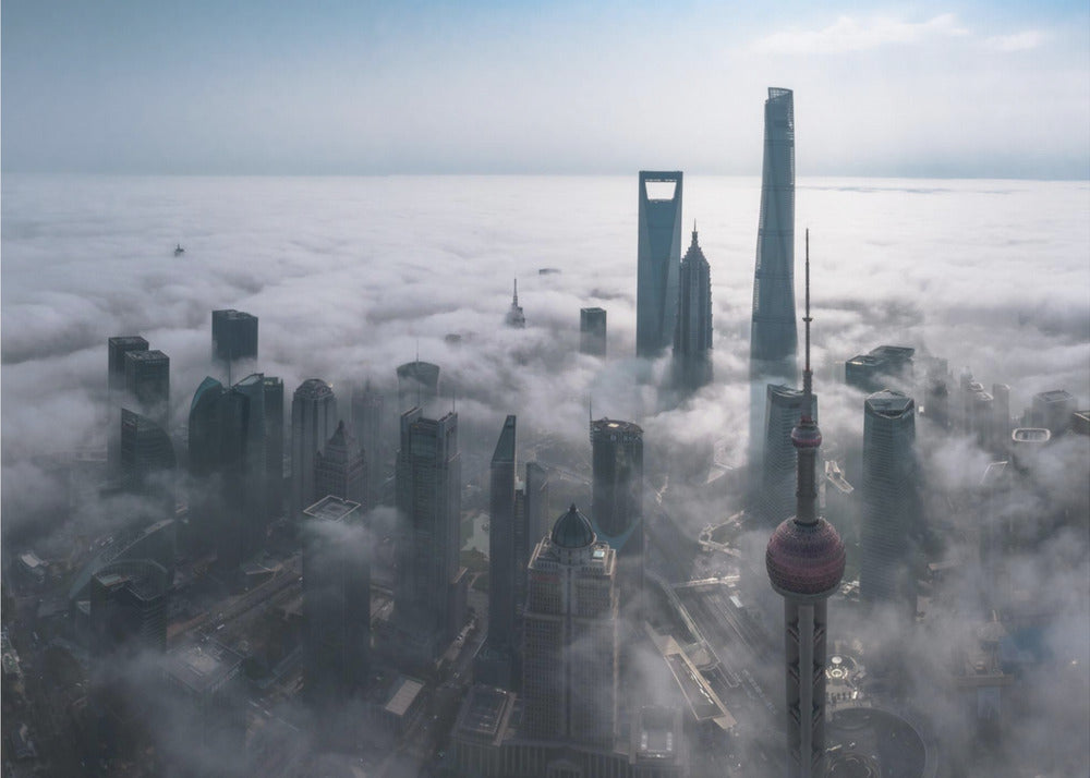 Shanghai in the fog from above | Canvas