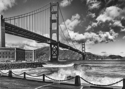 Surfing under the Golden Gate Bridge | Poster