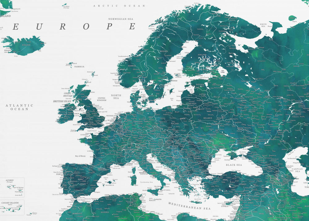 Teal detailed map of Europe | Poster