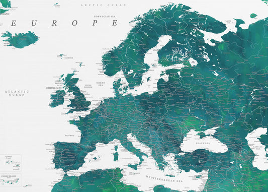 Teal detailed map of Europe | Canvas