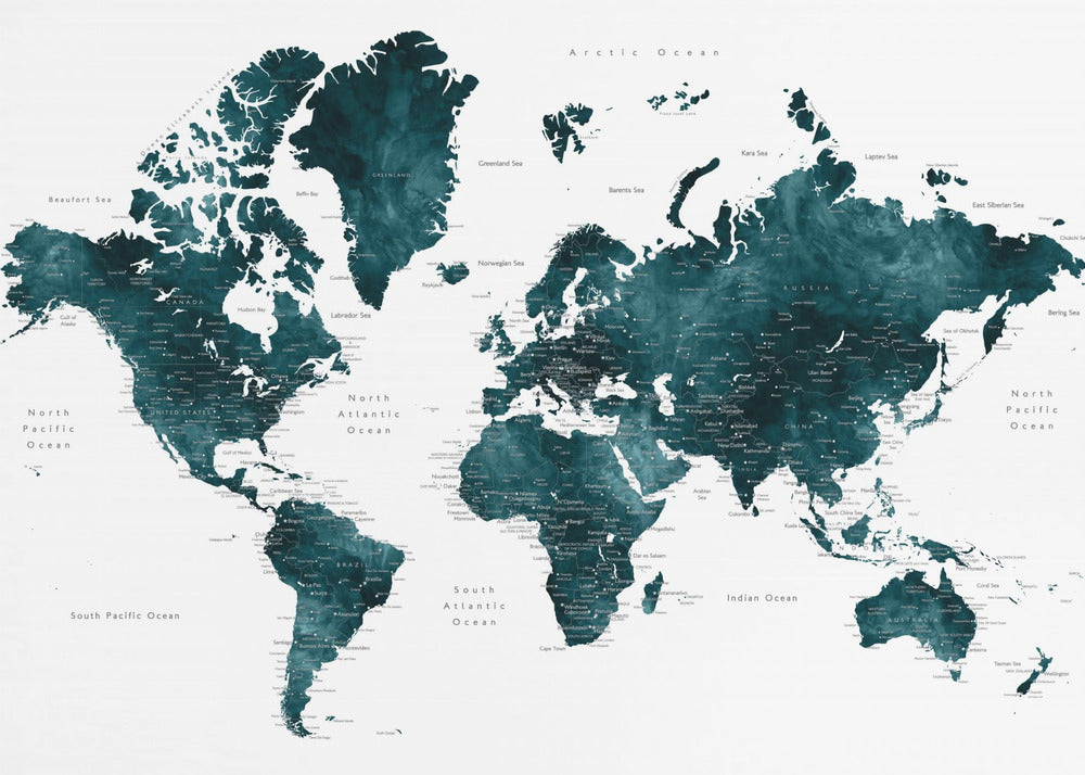 Dark teal world map with cities, Makani | Canvas