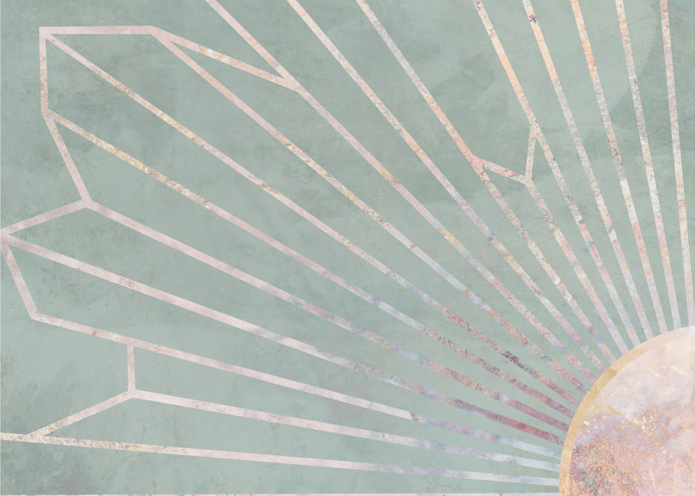 Gold geometric sun rays mural green | Wallpaper