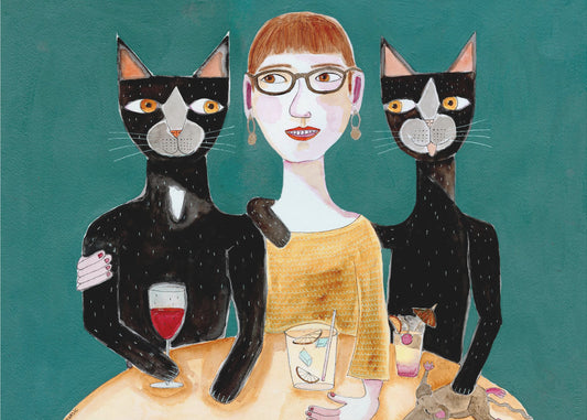 Lady with her two black cats having drinks | Canvas