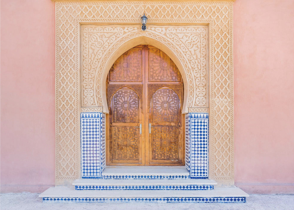 Brown door, blue tiles, pink wall in Morocco | Poster
